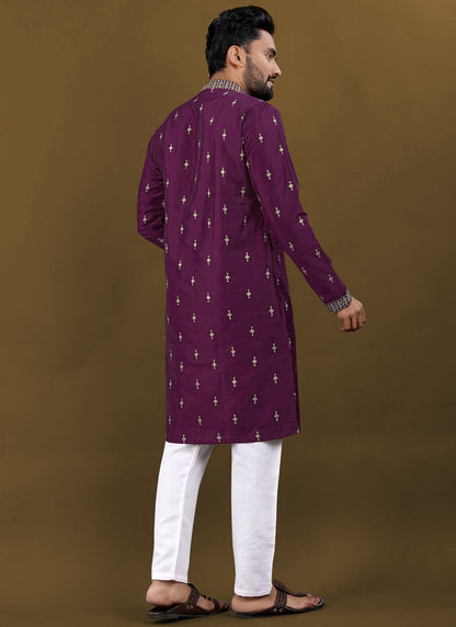 Prazu Fashion Purple Matka Silk All Over Silver Jari With Embroidery Buti Designer Kurta For Men's