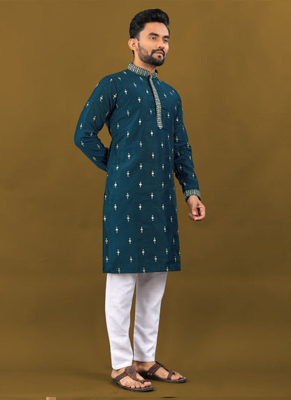 Prazu Fashion Royal Blue Matka Silk All Over Silver Jari With Embroidery Buti Designer Kurta For Men's
