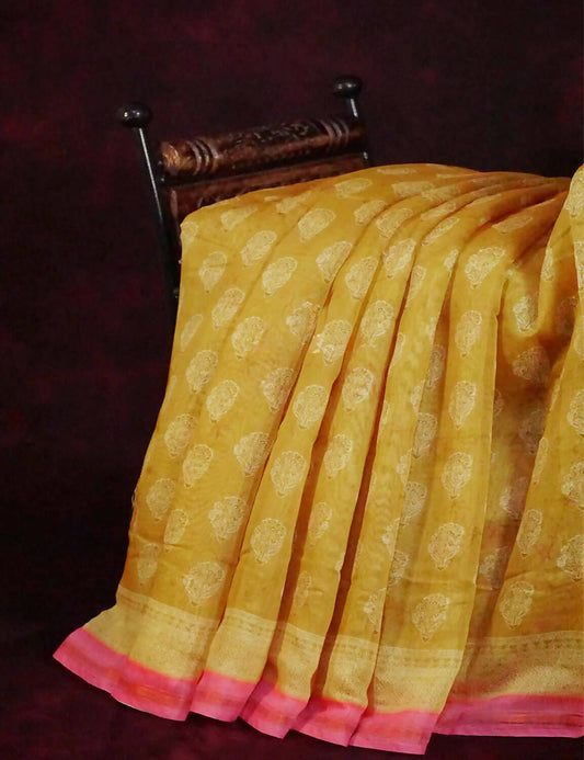 Dry Mehendi Colored Block Print Semi Chanderi Saree By Gayathri Reddy Designer Studio