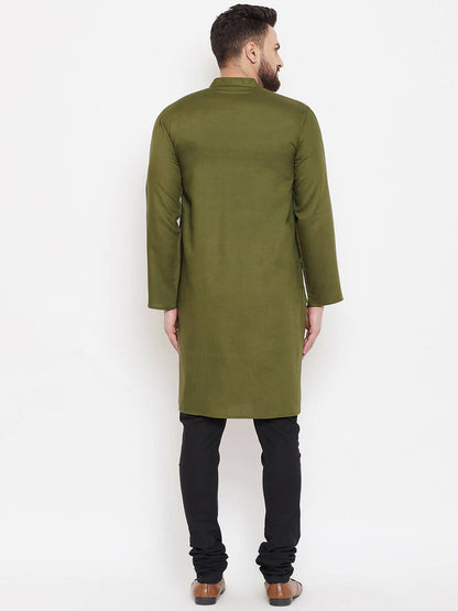 Even Apparels Green Linen Men's Kurta With Band Collar
