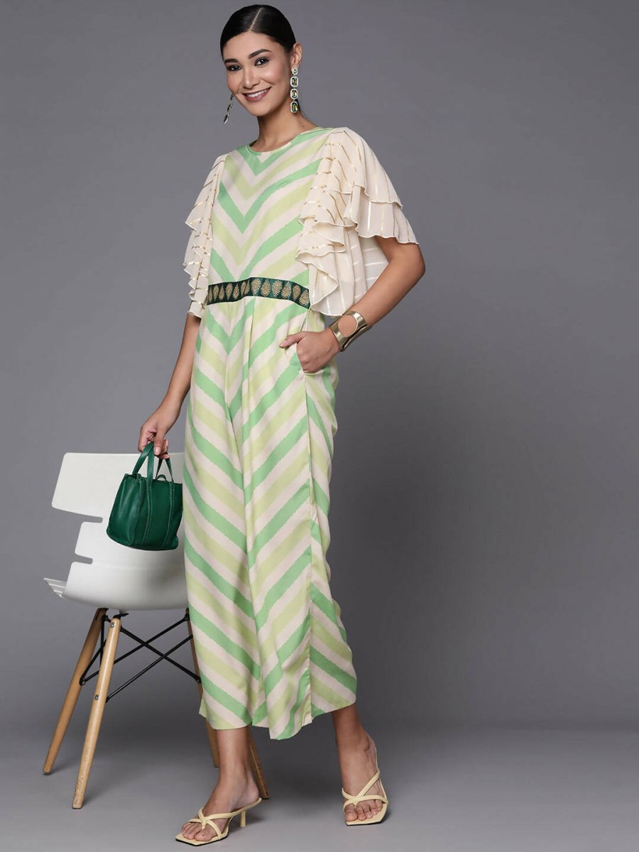Ahalyaa Off White & Green Zig Zag Print Basic Jumpsuit