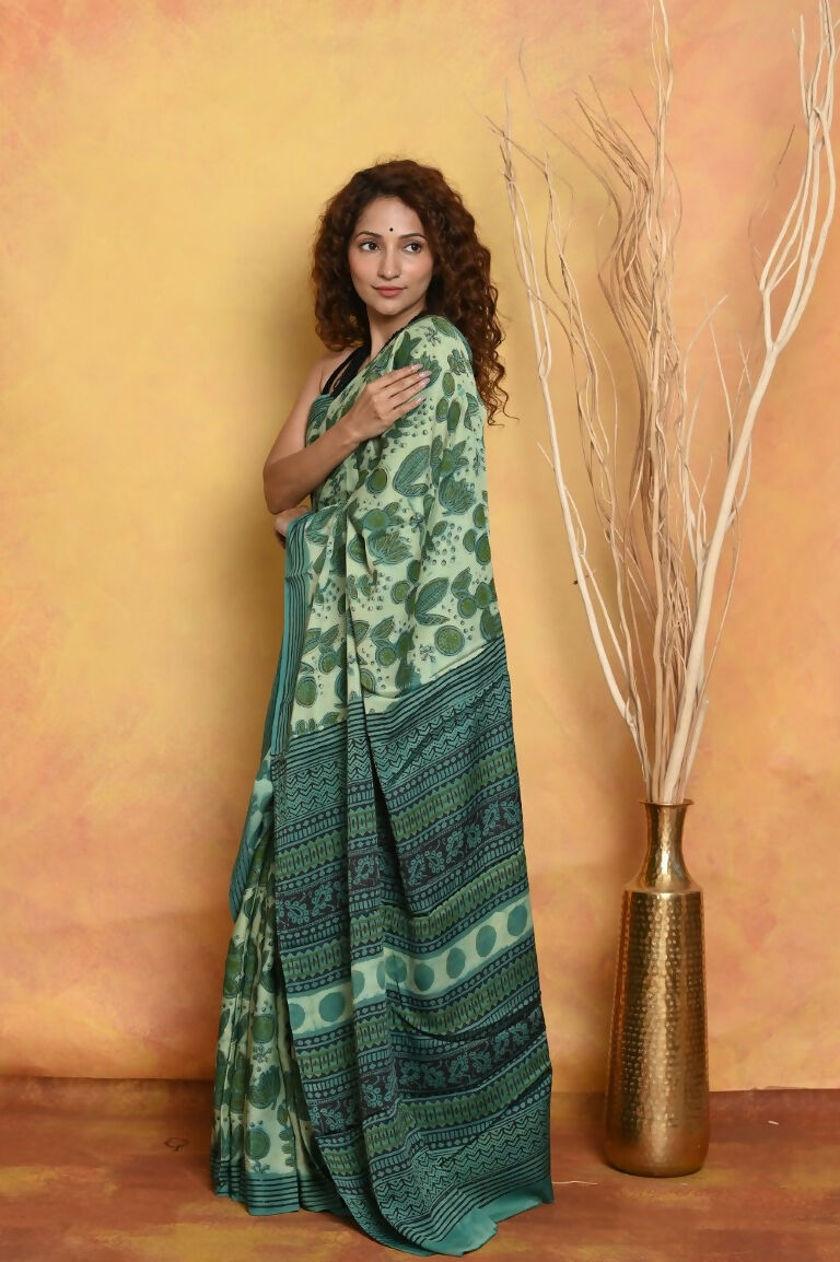 Very Much Indian Designer Modal Silk Saree With With Beautiful Floral Print - Sea Green