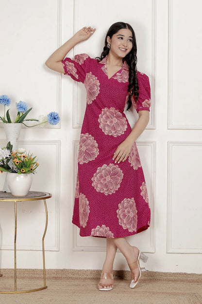 Miravan Womens Pink Printed Collar Neck Short Puff Sleeves Cotton A-Line Maxi Dress