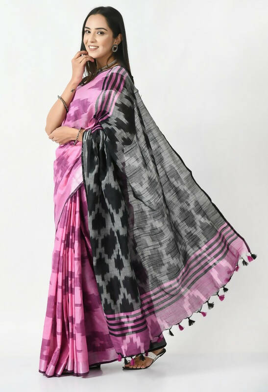 Mominos Fashion Moeza Pink & Black Bhagalpuri Handloom Ikat Pure Cotton Saree with unstitched Blouse piece
