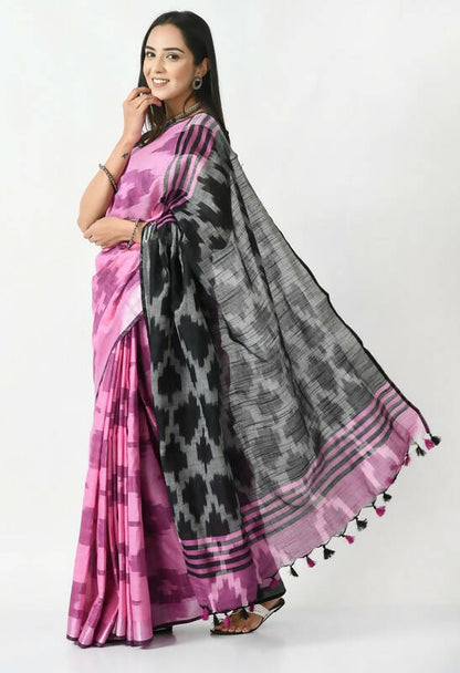 Mominos Fashion Moeza Pink & Black Bhagalpuri Handloom Ikat Pure Cotton Saree with unstitched Blouse piece