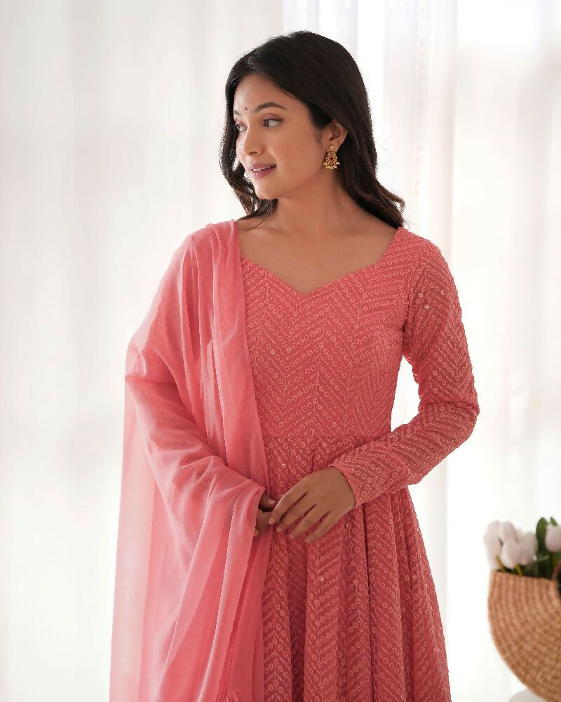 Joban Fashion Peach Kurta Set Georgette Sequence Embroidery Work