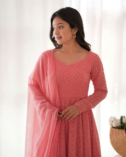 Joban Fashion Peach Kurta Set Georgette Sequence Embroidery Work