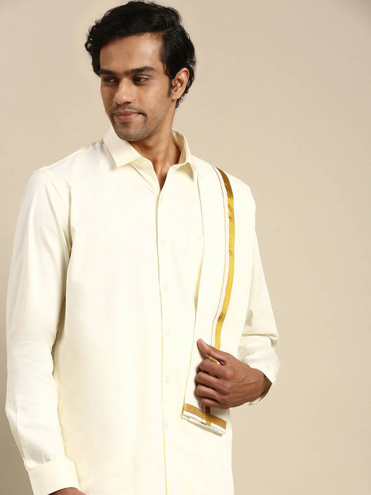 Ramraj Cotton Mens Premium Wedding Cream Dhoti with shirt Bit & Towel Set