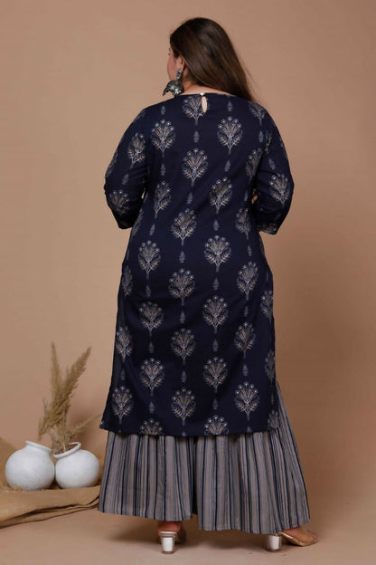 Miravan Women's Plus Size Navy Blue Printed Pure Cotton Kurta With Sharara