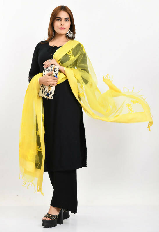 Mominos Fashion Moeza Women's Orgenza All Over Chikan Work Lemon Yellow Dupatta
