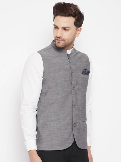 Even Apparels Grey Merino Men's Nehru Jacket-Contrast Lining-Free Pocket Square PW690