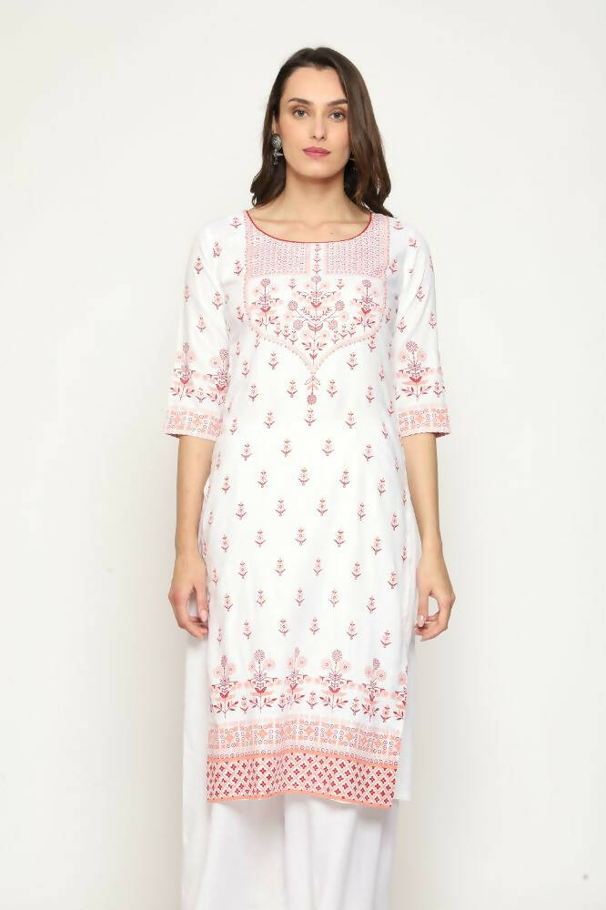 Maai Rayon Hand Printed Kurta Off-White
