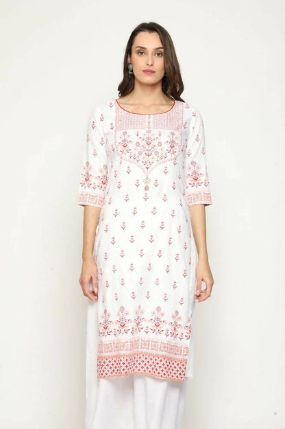 Maai Rayon Hand Printed Kurta Off-White