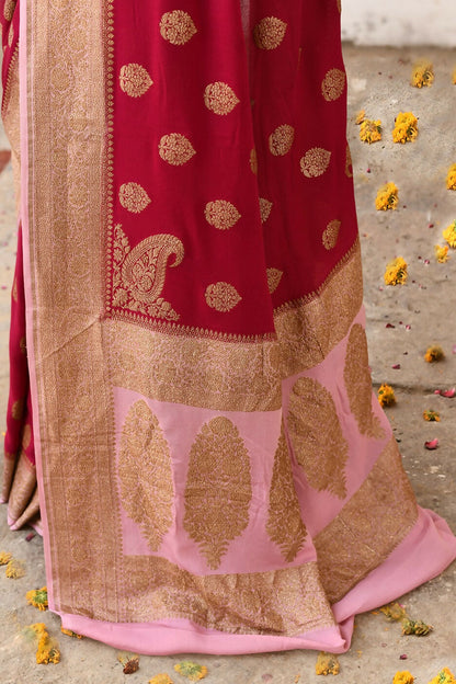Joban Fashion Red Crepe Chiffon Pure Handloom Banarasi Silk Saree