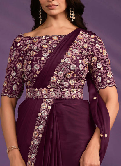 Wine Crepe Satin Silk Embroidered Saree With Stitched Blouse - Mohmanthan Exotica