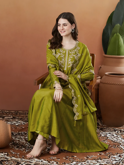 The52 Light Green Women's Beautiful Vichitra Silk Fabric Embroidered Work Flared Anarkali Pant and Dupatta Set