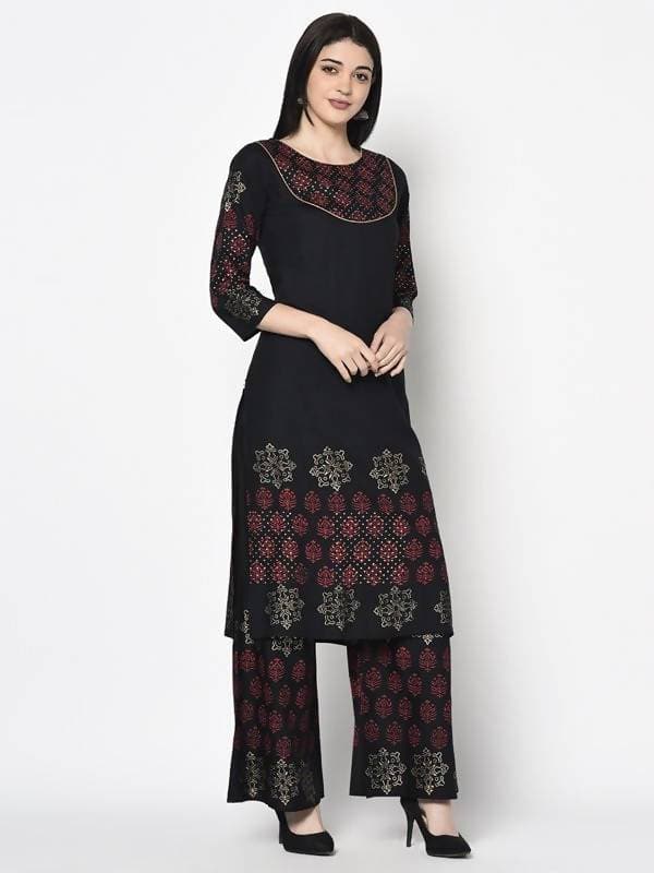 Aniyah Rayon Black Color Block Print Straight Kurta Palazzo Set (AN-189K)
