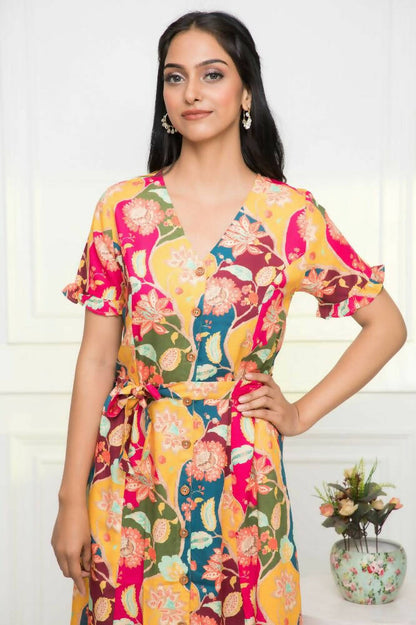 Myshka Women Multi - Abstract Rayon A-Line V-Neck Dress