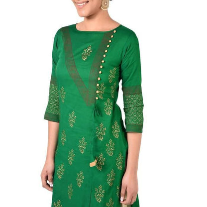 Aniyah Cotton Gold Print Straight Kurta In Green Color (AN-169K)