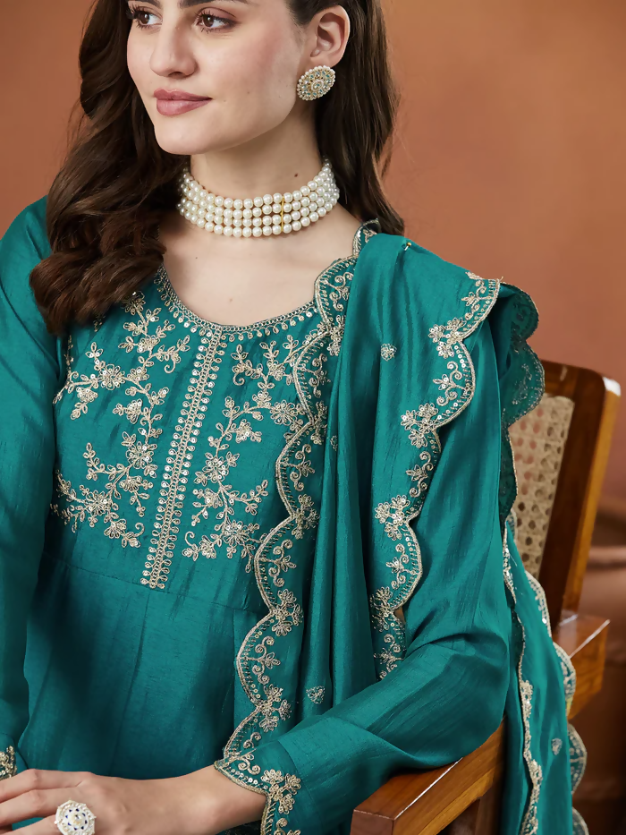 The52 Rama Women's Beautiful Vichitra Silk Fabric Embroidered Work Flared Anarkali Pant and Dupatta Set