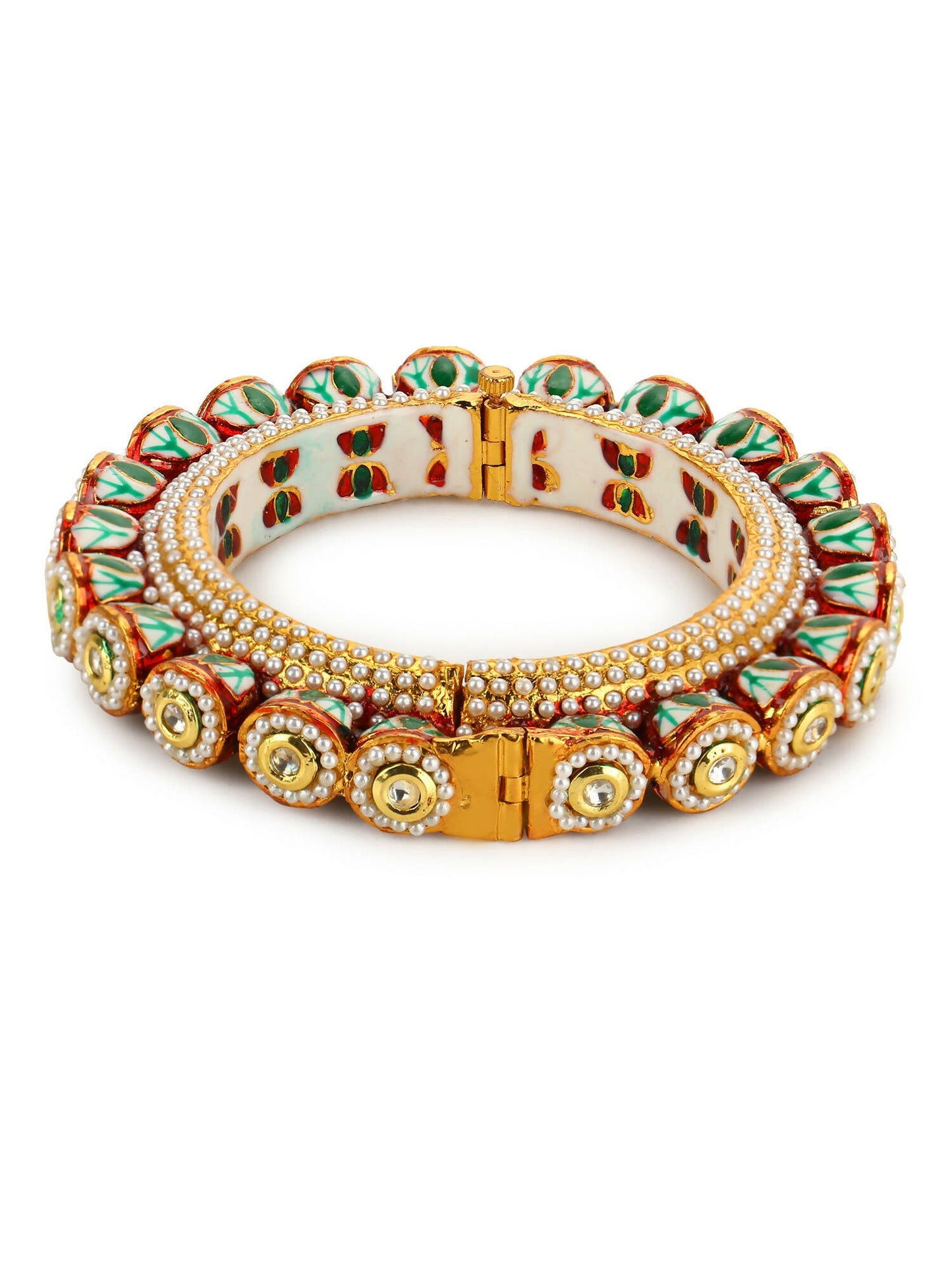 Gold-Polished Green Kundan-Studded Bangle - Ruby Raang