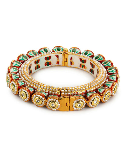 Gold-Polished Green Kundan-Studded Bangle - Ruby Raang