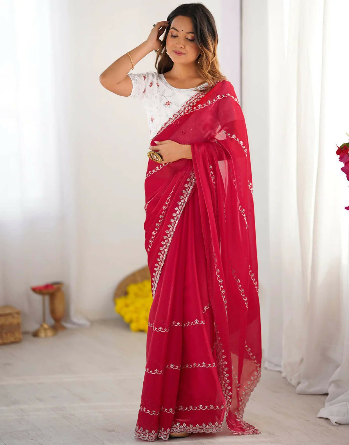 Joban Fashion Tissue Silk Red & Silver Embroidery Saree