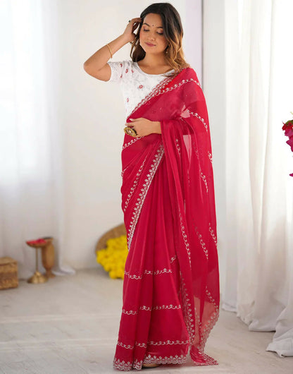 Joban Fashion Tissue Silk Red & Silver Embroidery Saree