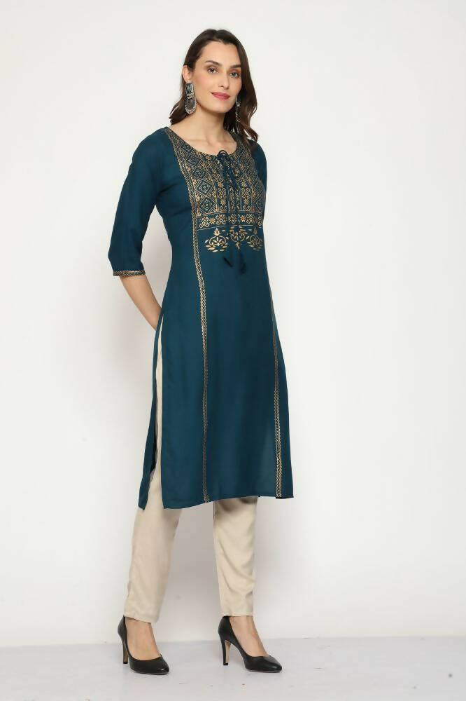 Maai Rayon Hand Printed Kurta Navy