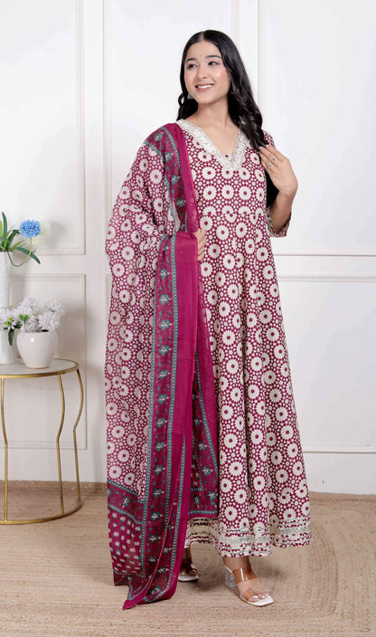 Miravan Women's Cream Embroidered Cotton Anarkali Kurta and Dupatta