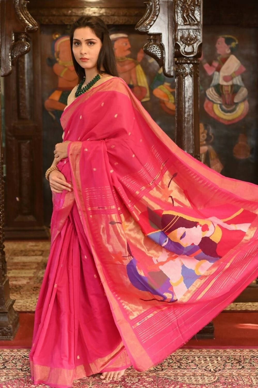 Very Much Indian Handloom Pure Cotton Paithani Radhakrishna Pallu-Rani Pink