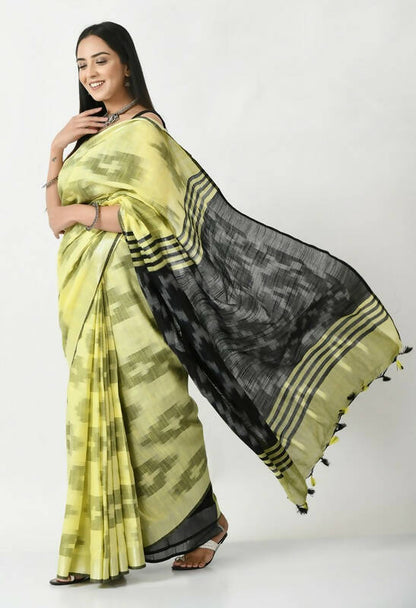 Mominos Fashion Moeza Lemon Yellow & Black Bhagalpuri Handloom Ikat Pure Cotton Saree with unstitched Blouse piece
