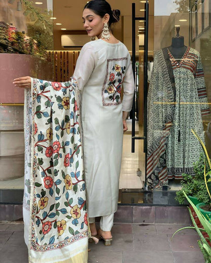 The52 Off White Women's Gorgeous Embroidered Viscose Chanderi Fabric Straight Kurta Pant with Dupatta Set