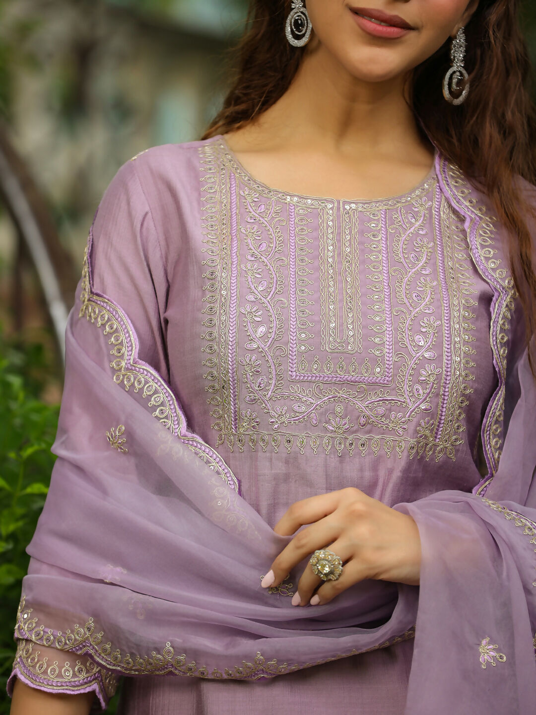Janasya Lavender Silk Blend Solid Kurta,Bottom & Dupatta