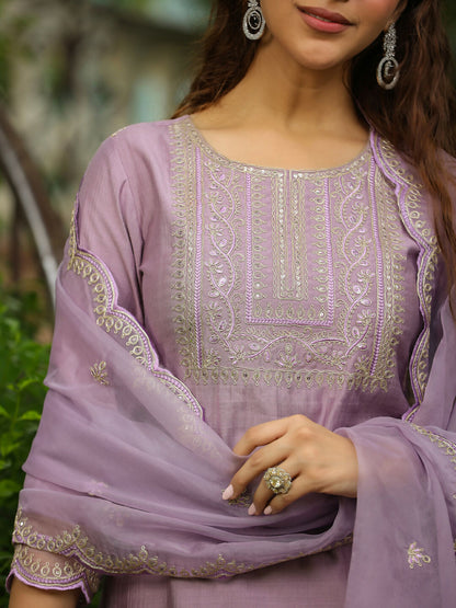 Janasya Lavender Silk Blend Solid Kurta,Bottom & Dupatta