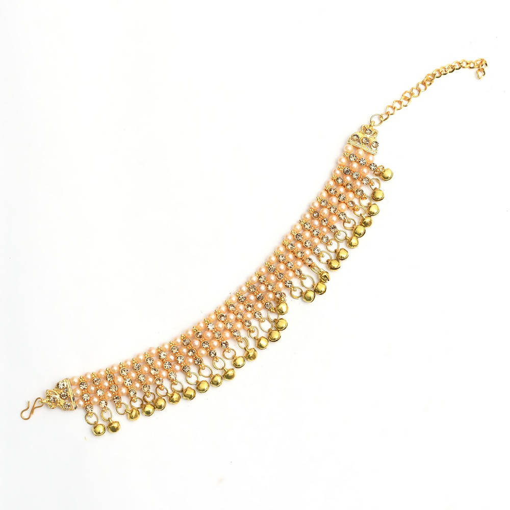 Mominos Fashion Kamal Johar Gold-Polished Pearls Anklets With Muvvas