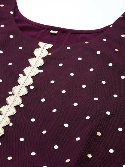 Ahalyaa Women Burgundy Polka Dots Fit & Flare Maxi Ethnic Dress