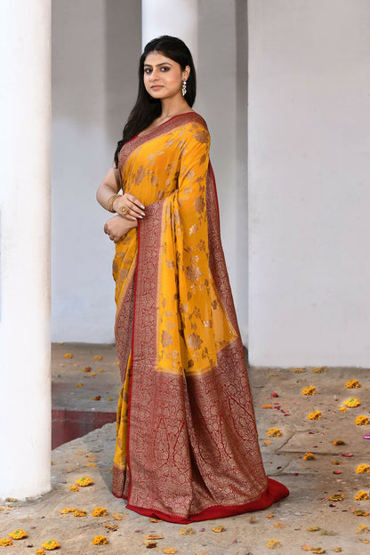 Joban Fashion Yellow Crepe Chiffon Pure Handloom Banarasi Silk Saree