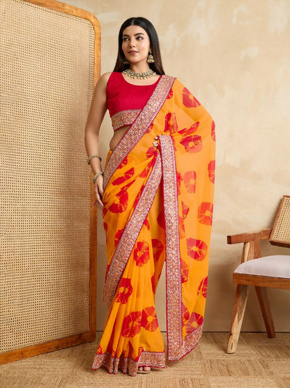 Yellow Georgette Printed Designer, Embroidery Work Lace Border Saree - Aarvi