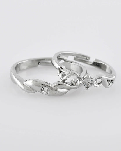 VOJ Stainless Steel Cubic Zirconia Silver Plated Adjustable Ring Set for Couple