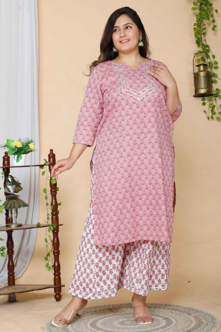 Miravan Women's Plus Size Pink Floral Printed Gotta Patti Pure Cotton Kurta With Palazzo