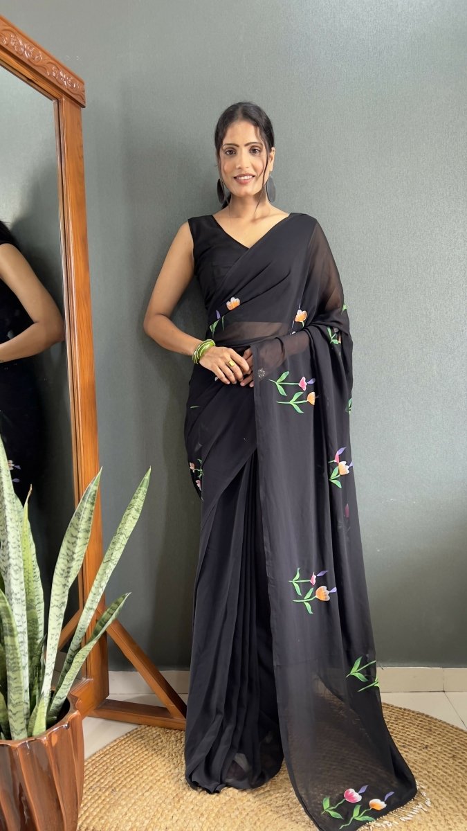 Aayaa Designer 1 min Hand Painted Ready to Wear saree - Black