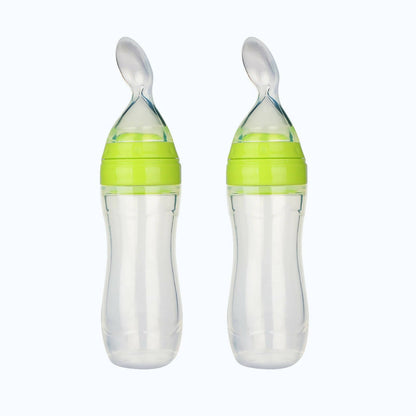 Safe-O-Kid Easy Set of 2 Squeezy Silicone Food Feeder Spoon (Soft Tip) Bottle- Green- 90mL