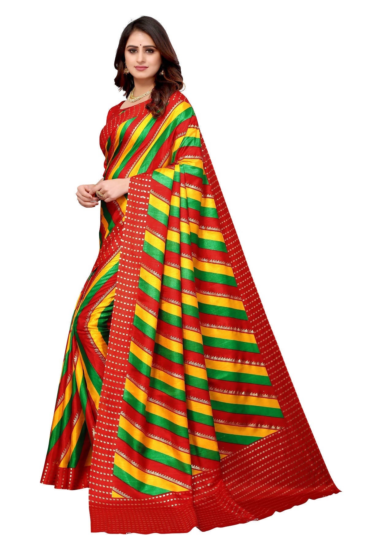 Vamika Ethnic Fire Red Foil Print Art Silk Saree