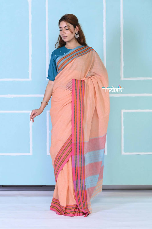 Very Much Indian Traditional Patteda Anchu Ilkal Handloom Saree - Peach Tone