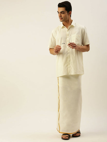 Ramraj Cotton Mens Pure Cotton 1/2 Inch Gold Jari Dhoti - Cream