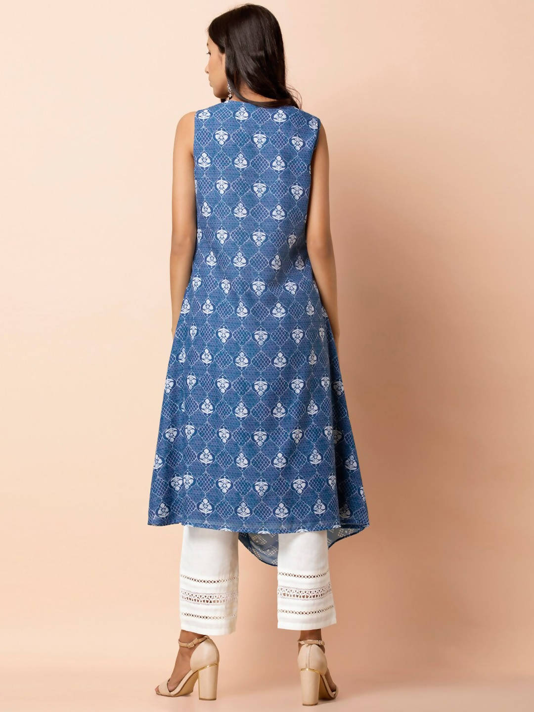 Indya Blue & White Printed A-Line Kurta