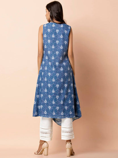 Indya Blue & White Printed A-Line Kurta