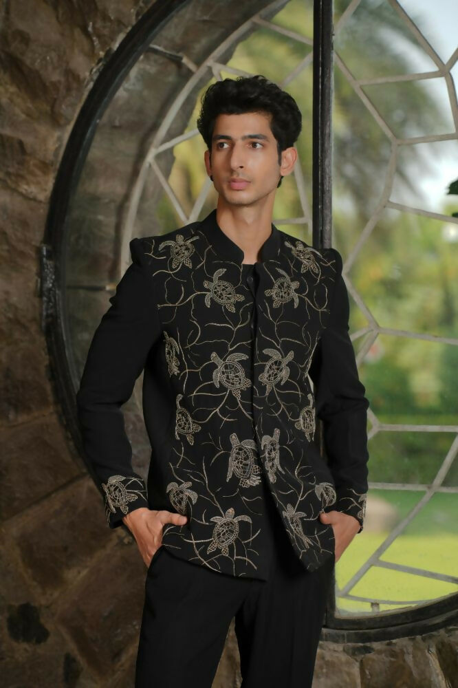 Classic Black Bandhgala Ensemble – Tortoise Embroidery by Hilo Design