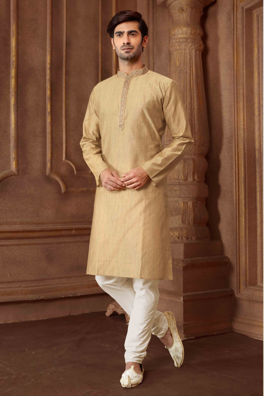 Joban Fashion Light Grey art Silk Blend Strips kurta Pyjama